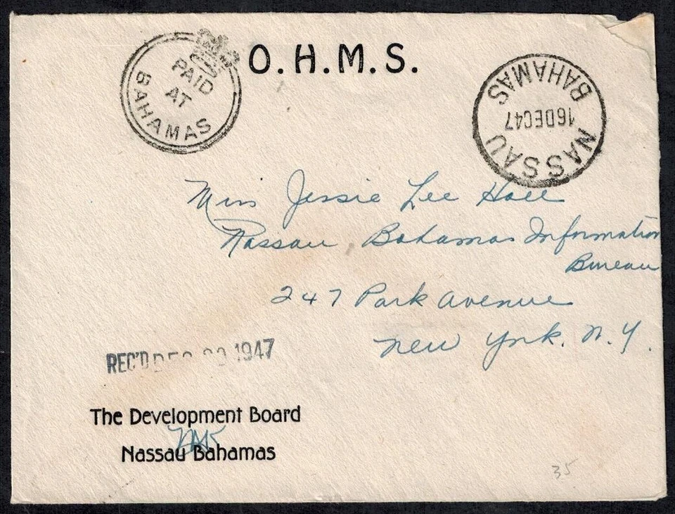 Bahamas 1947 OHMS Cover w/CROWN CIRCLE in BLACK VF - Image 1 of 2