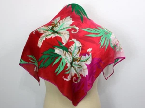 Vintage Oscar De La Renta Silk Scarf Tropical Hibiscus Green Red Pink 31" Sq - Picture 1 of 5