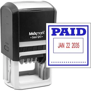 Q43 Large Self-Inking Date Stamp with PAID Phrase 2-Color Blue/Red Ink - Picture 1 of 6