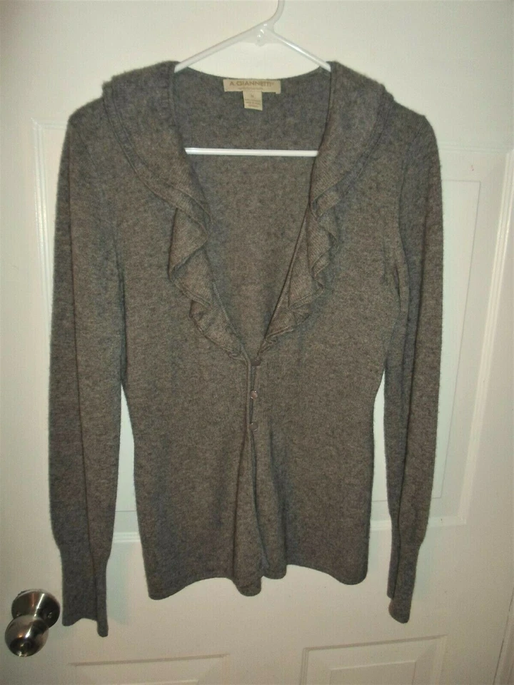 A. Giannetti MEDIUM 100% 2-ply Cashmere Cardigan 3 Button Ruffle Neck GRAY - Image 1 of 4