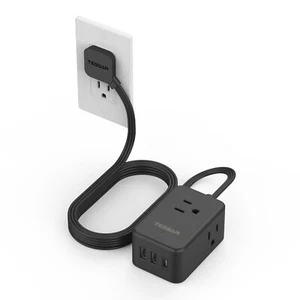 Flat Black Extension Cord Ultra Thin Power Strip with 3 USB 3 Outlet Slim Plug - Picture 1 of 6