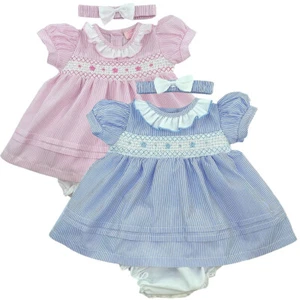 Baby Girl Dress Headband Knickers Set Outfit Smocked Embroidered Bow Pink Blue - Picture 1 of 11