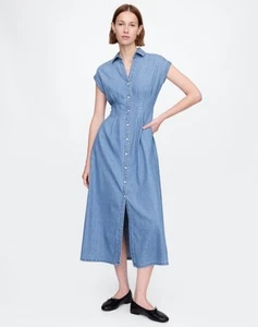 New Gap Denim Pleated Maxi Shirt Dress Button Front Fit & Flare Short Sleeve - Picture 1 of 9