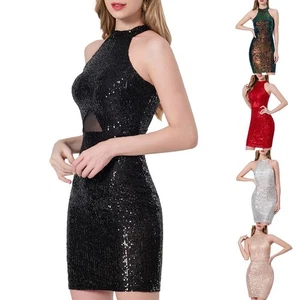 Damen Glitzer Pailletten Kurzes Kleid V Ausschnitt Abend Bodycon Ballkleid - Picture 1 of 18