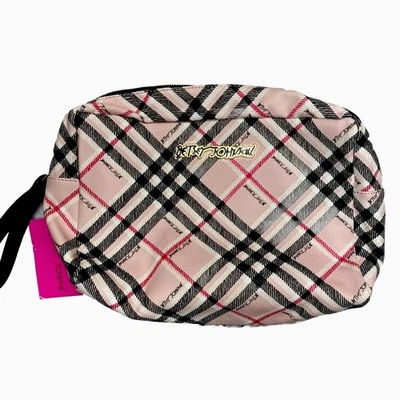 Bolso de Cosméticos Betsey Johnson Correa de Muñeca Rosa a Cuadros Doble Cremallera Foto 1 de 4