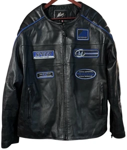 Designer Max Nice Black/Blue Leather Motorcycle Jacket Size 4XL - Picture 1 of 3