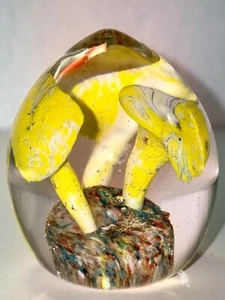 Antique Mid Century Mushroom Art Glass Yellow Paper Weight Vintage Original 3" - Picture 1 of 10