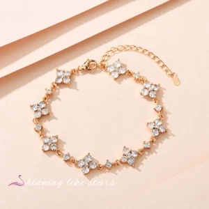 Luxury Diamond inlaid Bracelet Champagne Gold Light Four leaf flower - Picture 1 of 4