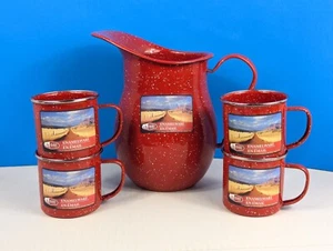 GSI Outdoor Red Enamelware (5) Piece Lot Water Pitcher & (4) Mug/Cups Camping - Picture 1 of 14