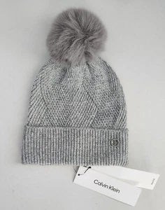 Calvin Klein Cozy Beanie - grau meliert mit Kunstfellbommel, Rippbündchen - Bild 1 von 4