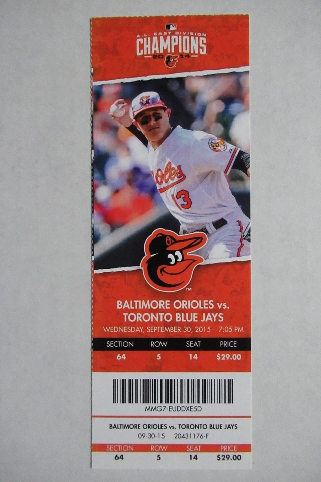 ORIOLES VS BLUE JAYS 9/30/2015 FULL TICKET~ CHRIS DAVIS (2 HRs) / MACHADO HR - Image 1 of 1