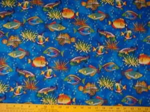 VIP Bright Colored Ocean Fish On Royal Blue Cotton Fabric By The Yard - Picture 1 of 1