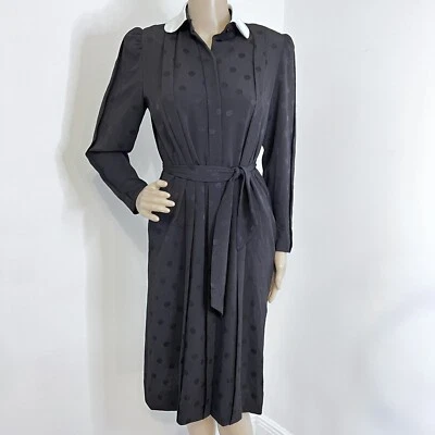 MINT! Vtg Albert Nipon Small (4) Black Blue Secretary Shirt Dress White Collar - Image 1 of 4