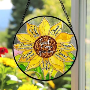 You Are Unique Special Bible Verse Faux Stained Glass, Sunflower Suncatcher - Picture 1 of 6