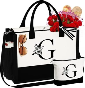 Initial Canvas Tote Bag Makeup with Zipper Personalized... - Picture 1 of 6