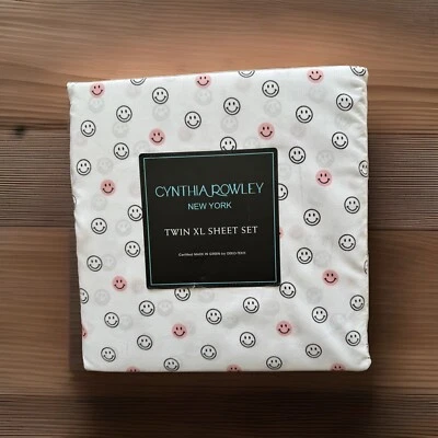 CYNTHIA ROWLEY NEW YORK *SMILEY FACE* PINK/BLACK/WHITE  TWIN XL SHEET SET NEW - Image 1 of 2