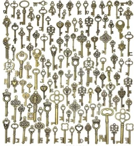125 PCS Vintage Skeleton Key Set Charms, JIALEEY Mixed Antique Style Bronze Bras - Picture 1 of 8