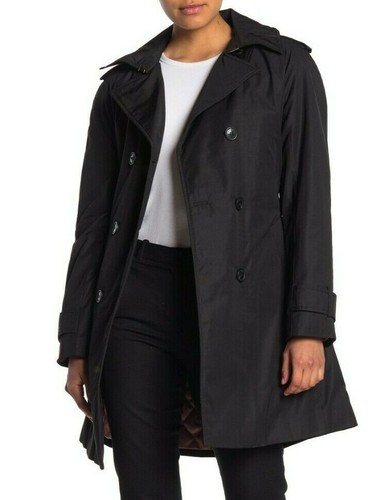 TRENCH KATE SPADE NEW YORK $318 NUOVO CON ETICHETTE TAGLIA GABARDINE DOPPIO PETTO NERO