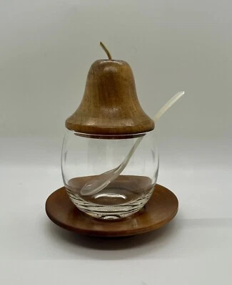 Azúcarero tallado a mano vintage SERV WOOD en forma de pera olla de miel tarro de gelatina latón Foto 1 de 4