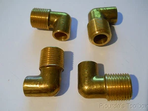 Lot (4) Forged Brass 1/2" NPT to 3/8" Female Solder 90° Elbows, Copper Pipe - Foto 1 di 1