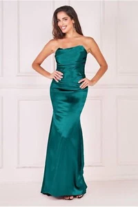 Goddiva Satin Bandeau Maxi Dress - Emerald Green - Picture 1 of 5
