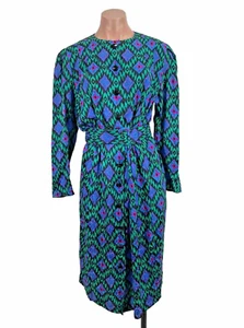 VTG 80s Adrianna Papell Colorful Aztec Silk Belted Pleated Midi Dress Size 8 - Picture 1 of 8
