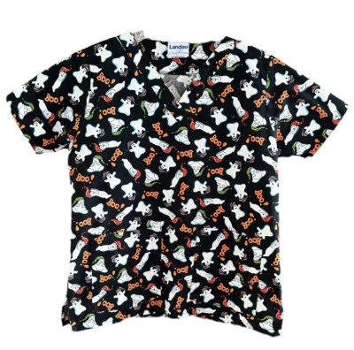Blusa Médica Landau HALLOWEEN Para Mujer Talla (M) Mediana Excelente Usada Negra, "Boo" Foto 1 de 4