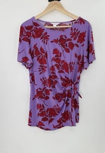 Liz Claiborne Liquid Knit Tie Side Purple Red Floral Blouse Size L Boho Office - Picture 1 of 8