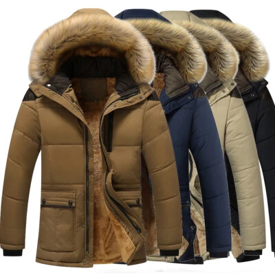 Men's Plus velvet Jacket Winter Warm Fur Collar Thick Parka Coat Outwear Hooded - Image 1 of 4
