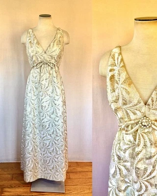 Maxi Vestido de Fiesta Vintage Años 60 Metálico Dorado Noche 34 35 Busto Foto 1 de 4