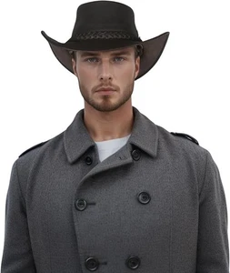 Aussie Outback Leder Cowboy Hut Western Style Unisex mit Kinnriemen & Band - Bild 1 von 4