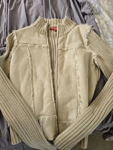 Women's Vintage Y2K Beige Boho Hippie Patchwork Knit Faux Suede Fitted Jacket L - Picture 1 of 2