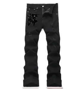 Herren Schwarz Denim Baumwolle Jeans Gerades Bein Freizeithose Strass Punk Hose - Bild 1 von 8