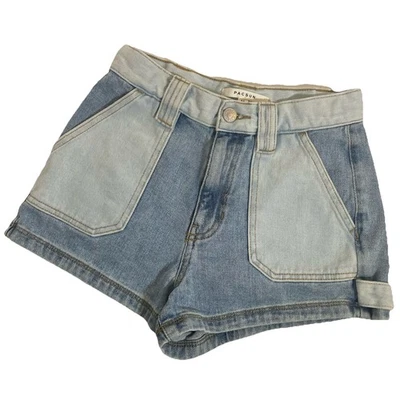 "Pantalones Cortos Pacsun Talla 25 Azul Patchwork tiro alto Festival Y2K Entrepierna 2""" Foto 1 de 4