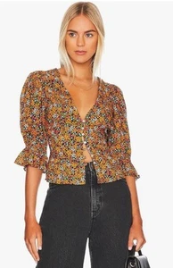 Free People Blouse I Found You Floral Mustard Navy Print w/ Puff Sleeves Size S - Picture 1 of 8