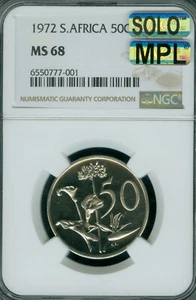 1972 SOUTH AFRICA 50 CENTS NGC MS68 MAC MPL SOLO FINEST GRADE & SPOTLESS RARE * - Picture 1 of 2