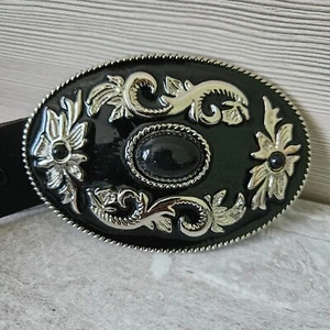 Cinturón Western Cuero Ornamentado Ovalado Plateado y Negro Hebilla Hecho en EE. UU. Talla 34 - Imagen 1 de 11