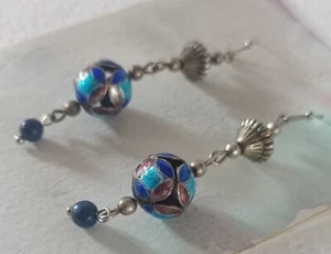 Hermosos pendientes colgantes antiguos chinos de plata de metal blanco esmaltado #1 - Imagen 1 de 7