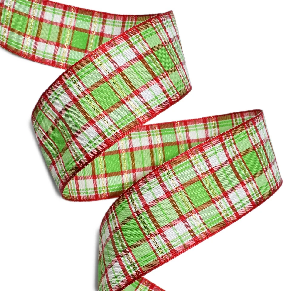 Navidad Verde Rojo Blanco Oro Cuadros 1.5"W x 5yds Foto 1 de 1