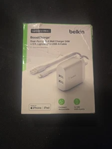 NEW Belkin 24W Dual Port USB 5’ Wall Charger To USB-A Cable for iPhone & iPad - Picture 1 of 2