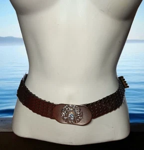 Gold Tone Fish Scale Belt with Rhinestone Flower Medallion Center Stretchy 28" - Picture 1 of 4