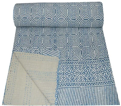 Colcha queen de algodão com estampa de bloco de mão Kantha cobertor colcha indiana Gudari - Imagem 1 de 4