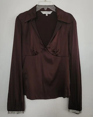 Blusa Trina Turk Seda Talla Pequeña Marrón Puños Estrás Foto 1 de 4