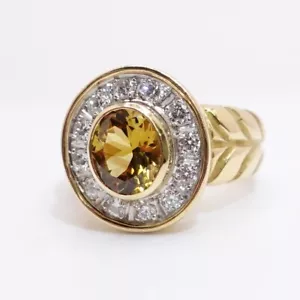 18K Yellow Gold Ring Natural Chrysoberyl & Halo Diamonds - Picture 1 of 13