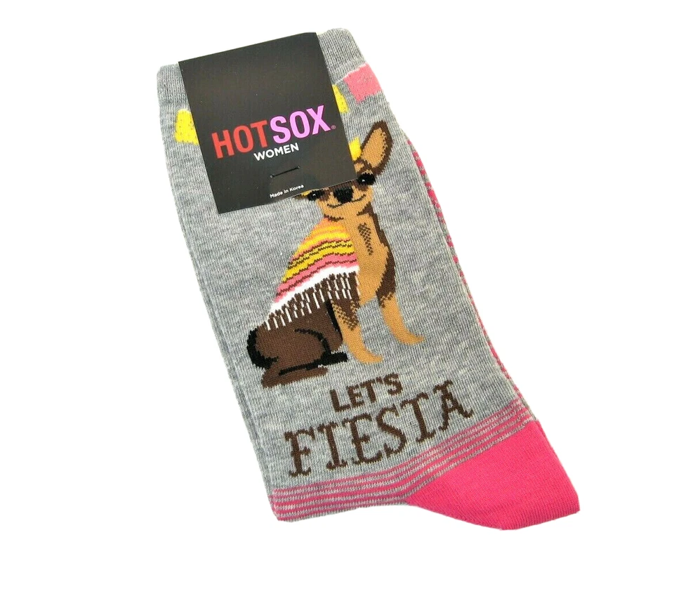 Hot Sox 女士棉混纺袜子 Let's Fiesta Chihuahua in Poncho 热粉色灰色 — 第 1/1 张图片