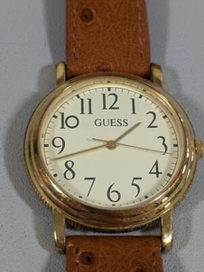 VTG Guess White Dial Round Gold Tone Case Brown Ostrich Grain Leather Band Watch - Picture 1 of 9