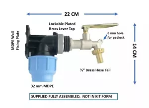 MDPE Compression Wall Plate (32mm) to LOCKABLE Brass Lever Tap. 1/2" hose tail. - Picture 1 of 3