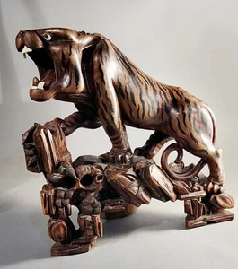 Vintage Japanese Carved Boxwood Ferocious Tiger On Tree Okimono Sculpture Figure - Picture 1 of 11