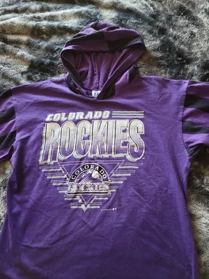 Vintage Colorado Rockies MLB Hooded T-Shirt Purple Blk XL Made In USA Baseball  - Image 1 of 4