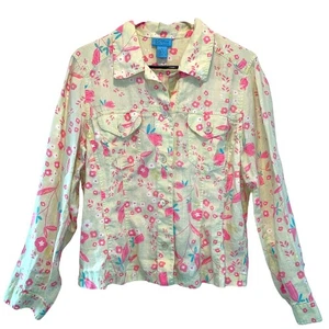 Sigrid Olsen So Blue Yellow Floral Print Button Front Vintage Shirt size Large - Picture 1 of 10